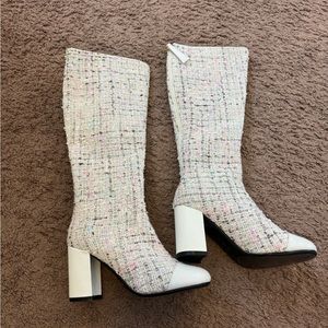 White Tweed Boucle Handmade Boots Pink Blue Knee High Size 35 5 NEW